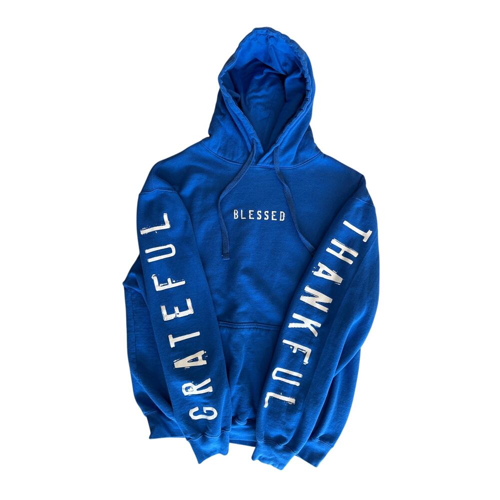 Grateful Thankful Blessed Cerulean Blue Beacon Threads Hoodie, Men sizing Medium